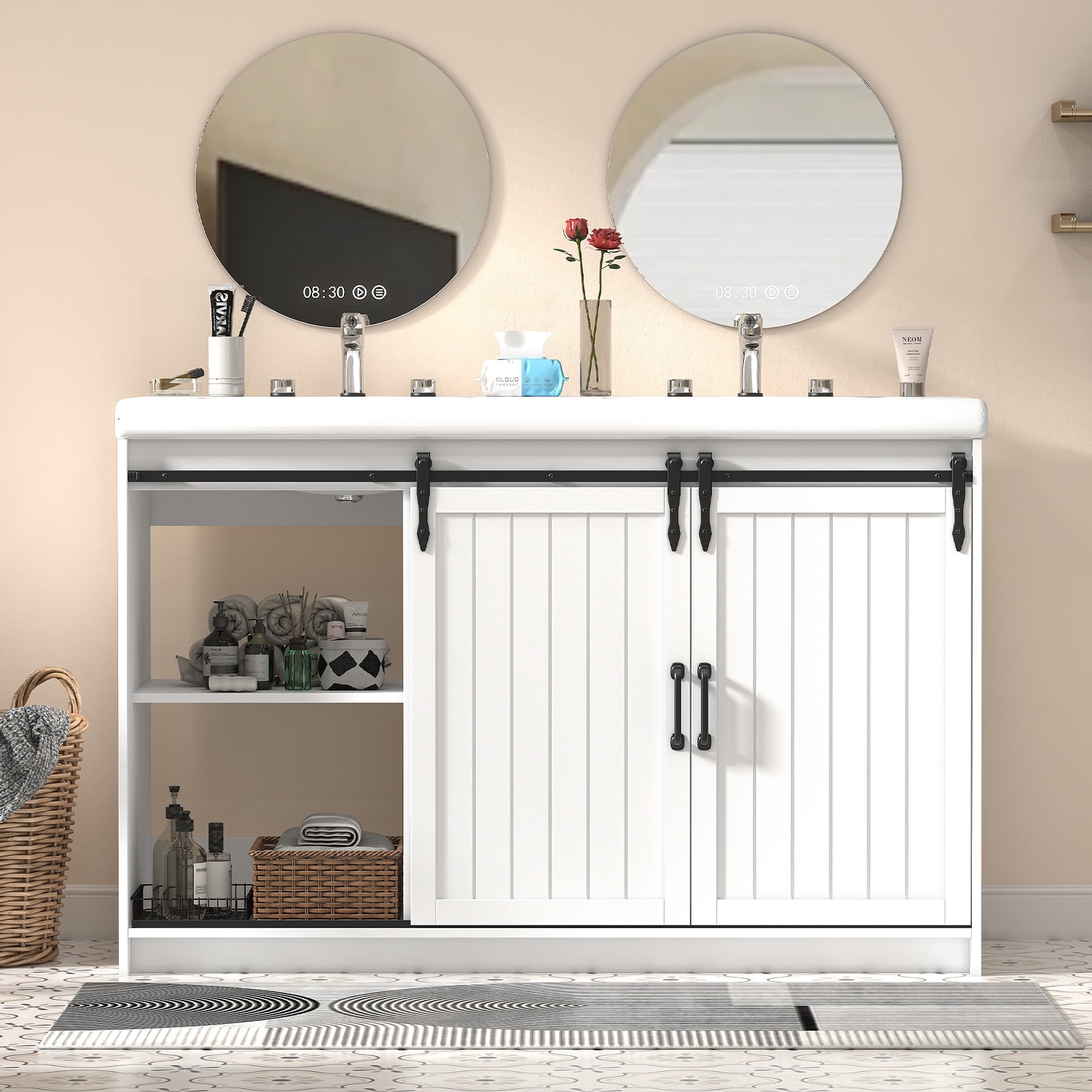 Caulitar Double Sink Bathroom Vanity, Bathroom Storage Cabinet Ceramic Basin Vanity Set, White