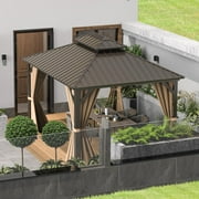 Domi Outdoor Living 10x12 Hardtop Aluminum Metal Gazebo Canopy,w/Galvanized Steel Double Roof,Curtain&Netting