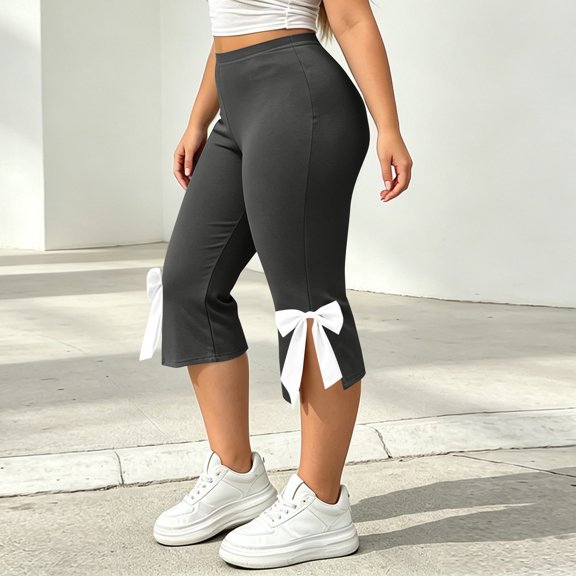 Karymi Jeans for Women Plus Size Side Leg with Bow Split Hem Capri Yoga Leggings, High Waist Solid Stretch Cropped Workout Pants, Elastic Capri Trousers Jean Shorts