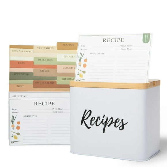 Recipe Box with Cards and Dividers, Recipe Box 4X6 inch cards - 100 count, White Metal w/ Wood Top Recipe Card Holder, Cute & Giftable Recipe Cards and Box Set, Recipe Bo