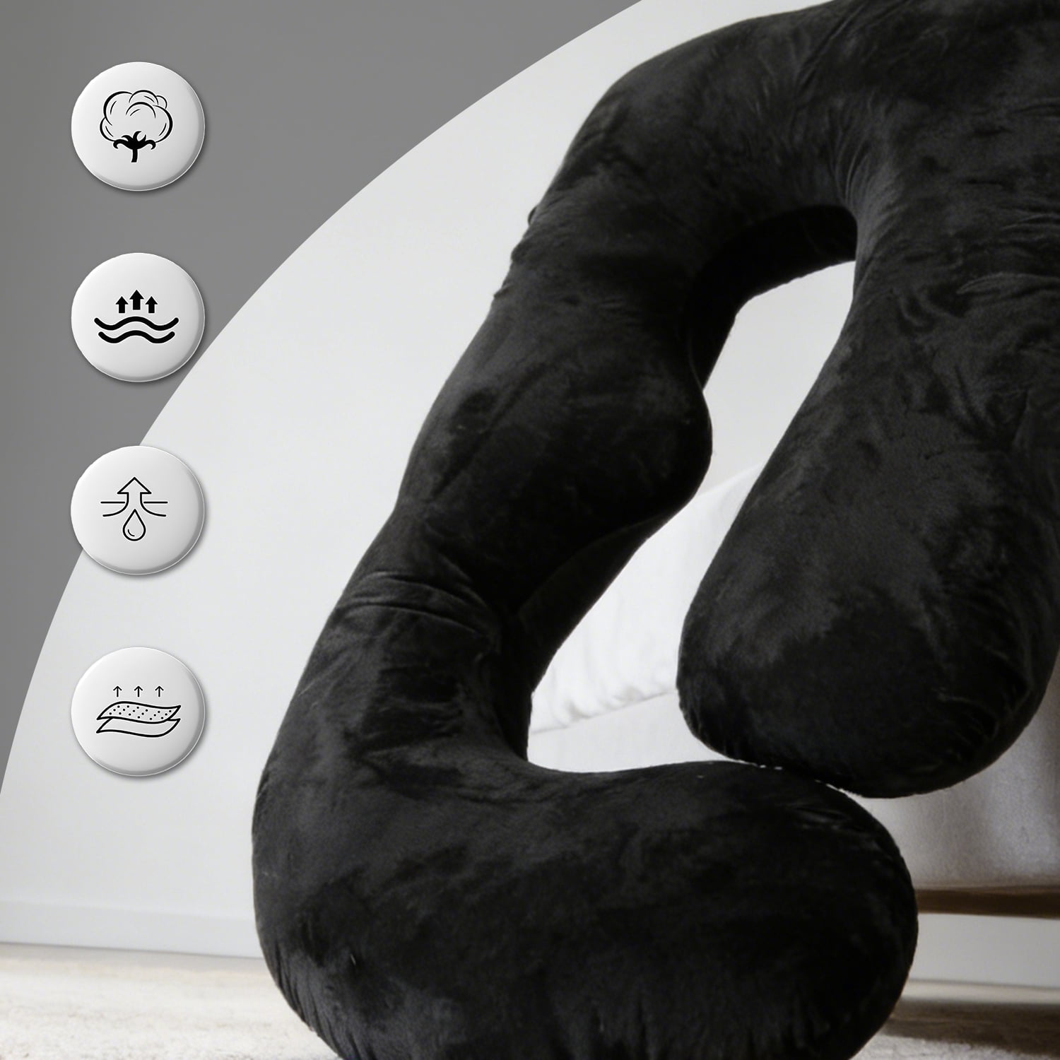 AFGFUF  J-Shaped Pregnancy Pillow, 65" x 16" x 8" Full Body Maternity Support Pillow, Black, with Removable Washable Cover