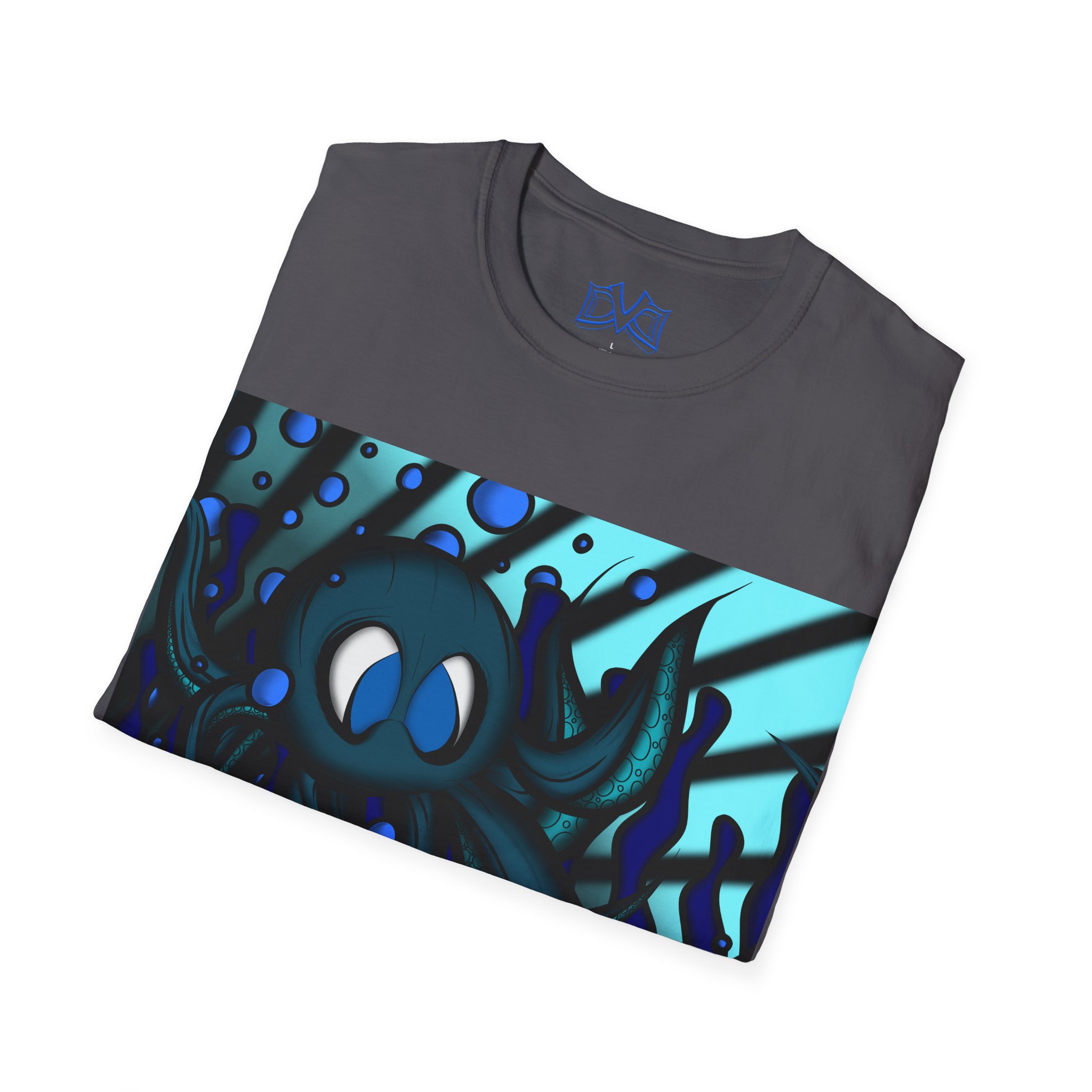 Octopus 9 tentacles, hand drawn art, skate & surf wear on a Unisex T Shirt.