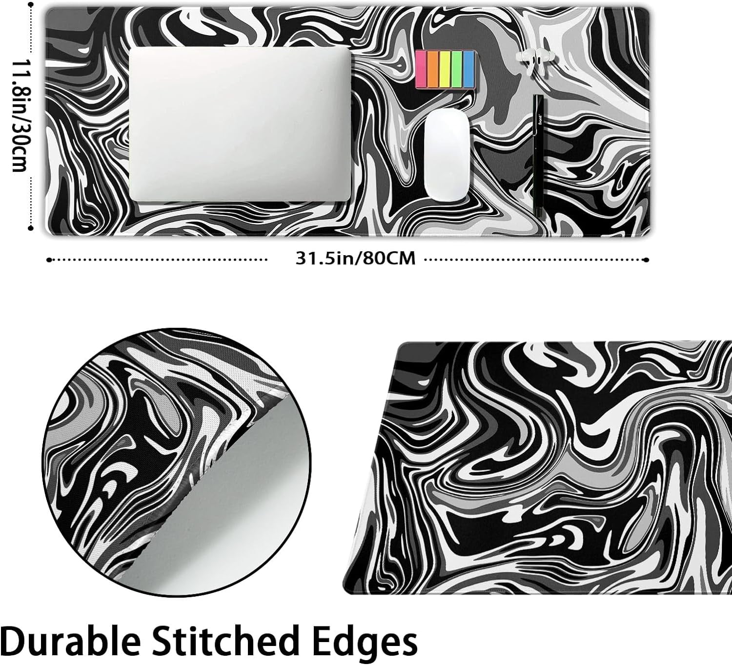 Black White Swirl Gaming Mouse Pad XL Gray Marble Grey Fluid Design Extended Large Mouse Pad Big Desk Mat Non-Slip Rubber Base Stitched Edge Long Keyboard Playmat for Desk Computer,31.5×11.8 Inch