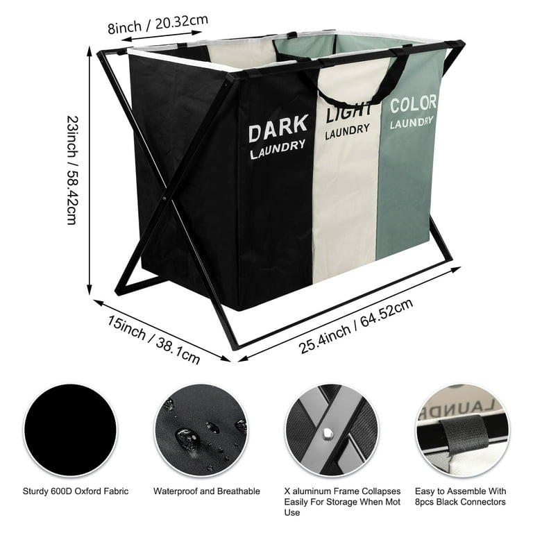 180L Laundry Basket Sorter, Large 3 Section Collapsible Laundry Hamper for La 180L Laundry Basket Sorter, Large 3 Section Collapsible Laundry Hamper for La