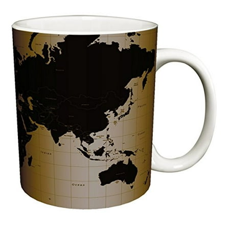 Decorative Mug World Map Black and Beige Modern Style Decorative Educational Porcelain Gift Coffee (Tea, Cocoa) 11 Oz. Mug ()