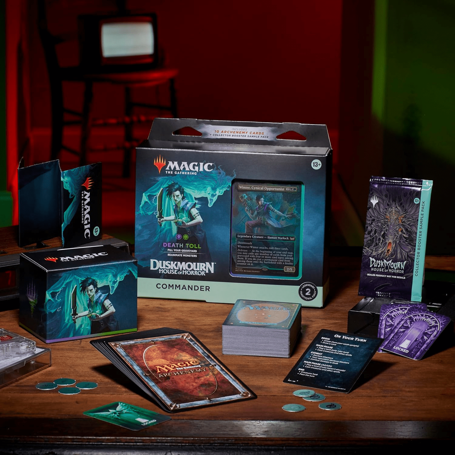 Magic: The Gathering Duskmourn: House of Horror Commander Deck - Death Toll (100-Card Deck, 2-Card Collector Booster Sample Pack + Accessories)