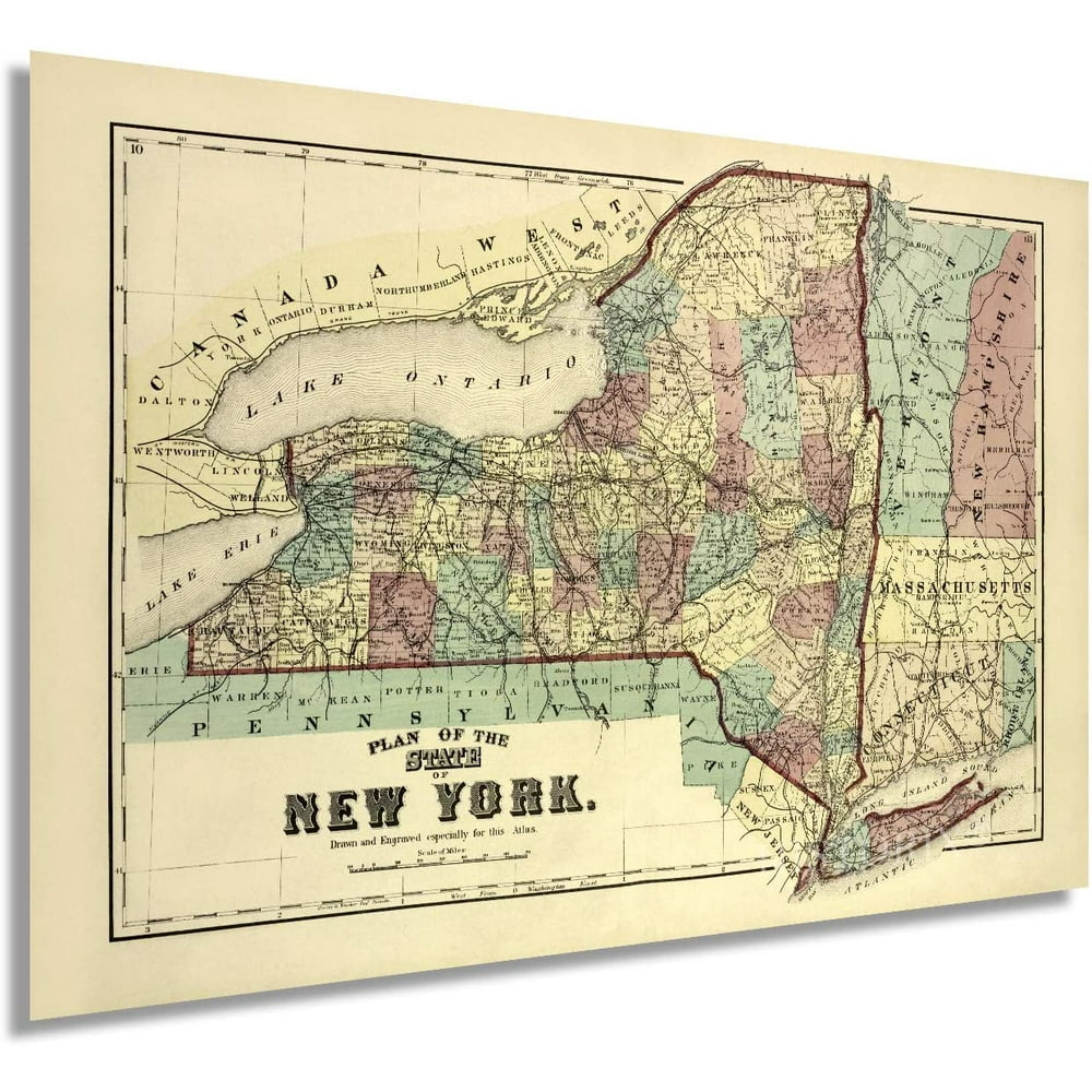 HISTORIX 1875 New York State Map - 16x24 Inch Vintage Map of New York