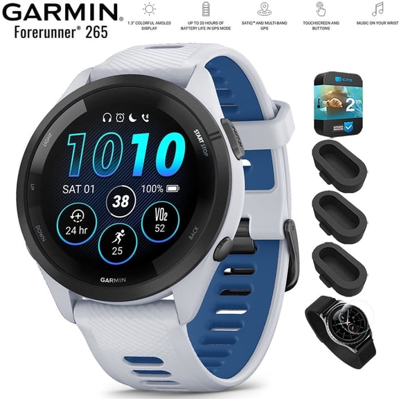 Garmin 010-02810-01 Forerunner 265 GPS Smartwatch Whitestone/Tidal Blue Bundle with Deco Essentials Silicone Dust Cover 3 Pack, Round Screen Protector and 2 YR CPS Enhanced Protection Pack