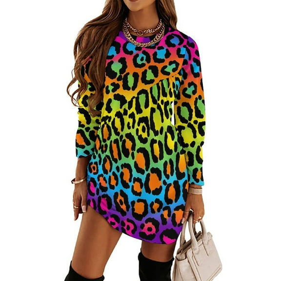 Neon Rainbow Leopard Print Loose Dress Evening Dress Summer Dresses for Women Luxury Dress Long Sleeved Dress
