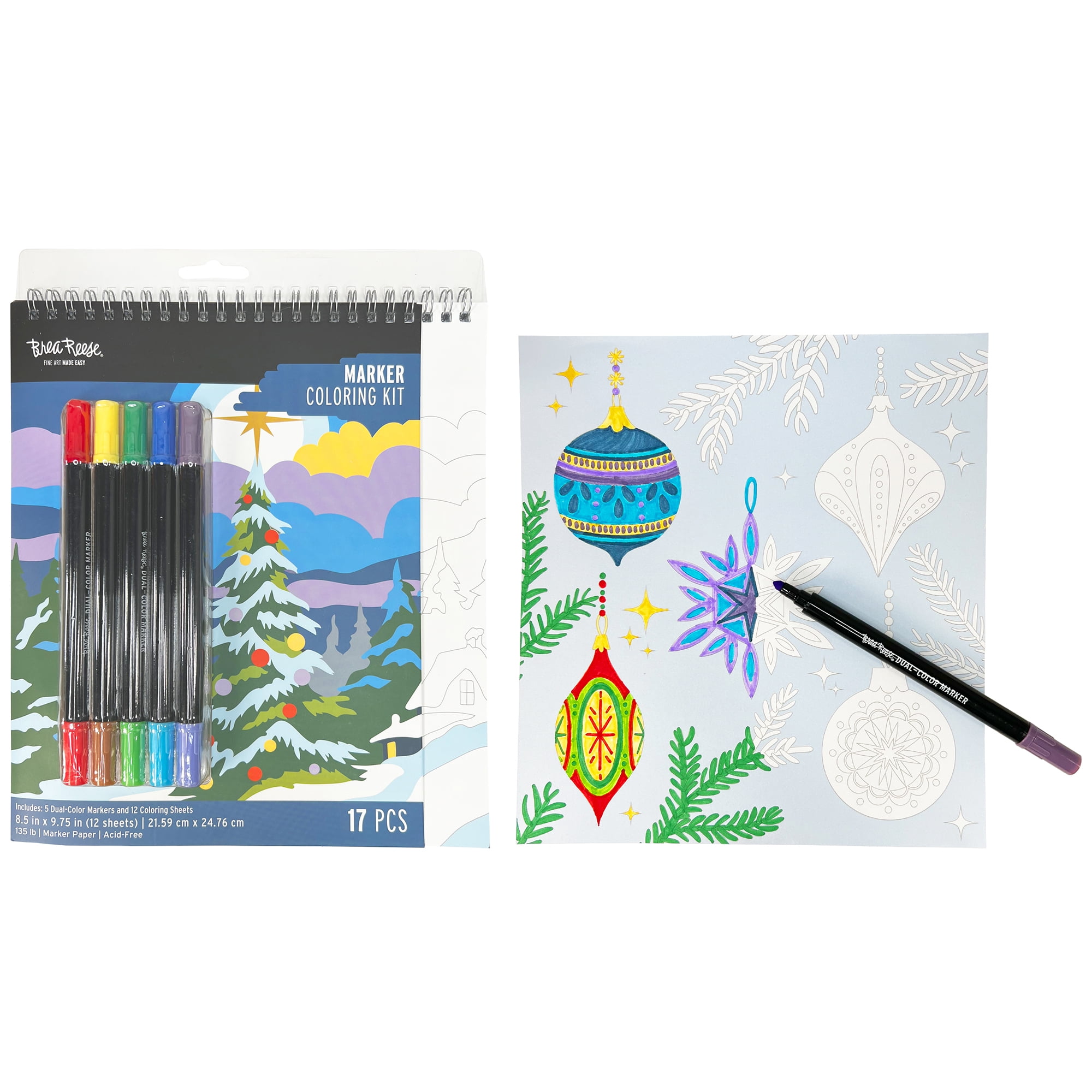 Brea Reese: Marker Coloring Kit - Christmas Tree - 5 Dual-Sided Markers, 12 Holiday-Themed Coloring Pages, Festive Spiral-Bound Art Pad, Adult Craft