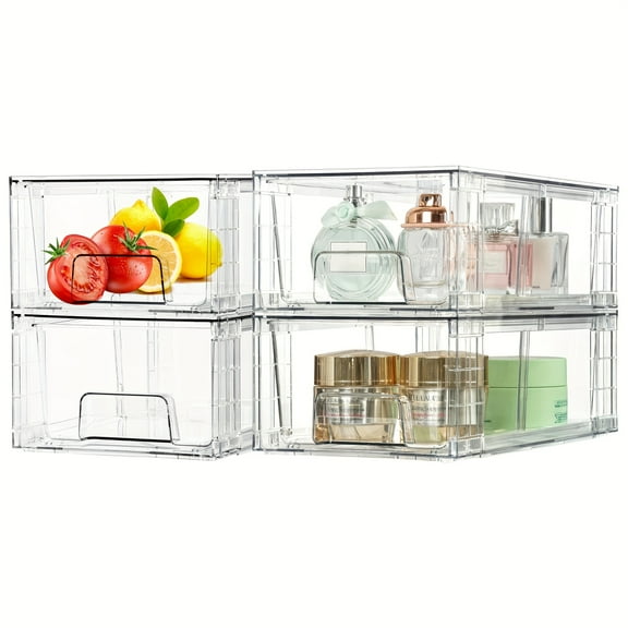 Stackable Clear Storage Bins with Drawers & Removable Dividers, BPA-Free Organizer for Fridge Bathroom Kitchen Cabinet