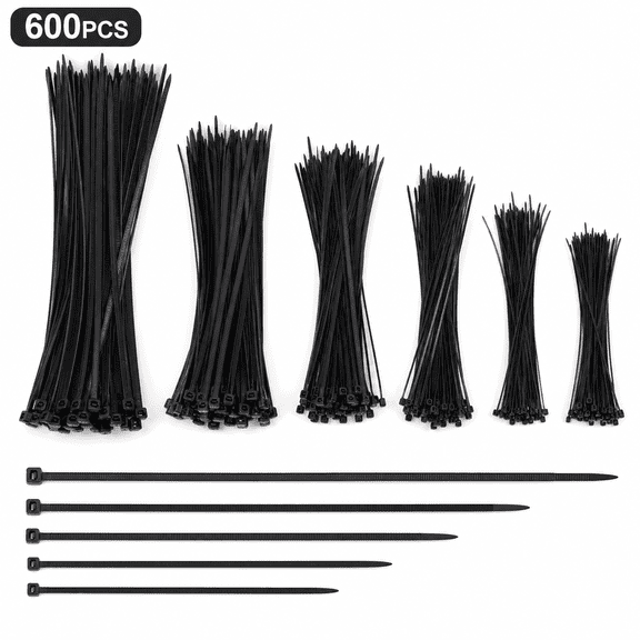 Cable Zip Ties, 600 Pcs Black Assorted Sizes, Multi-Purpose Self-Locking Nylon Cable Cord Management, Plastic Wire Ties for Home Office Garden Workshop