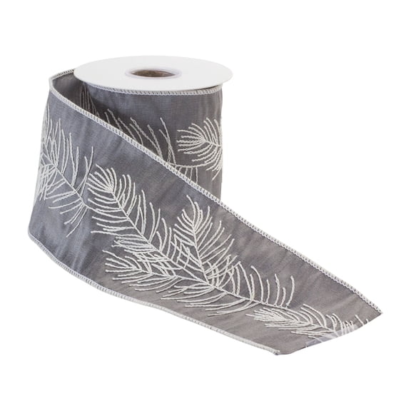 Melrose Pine Branch Christmas Wired Craft Ribbon - 4" x 5 Yards - Gray and White