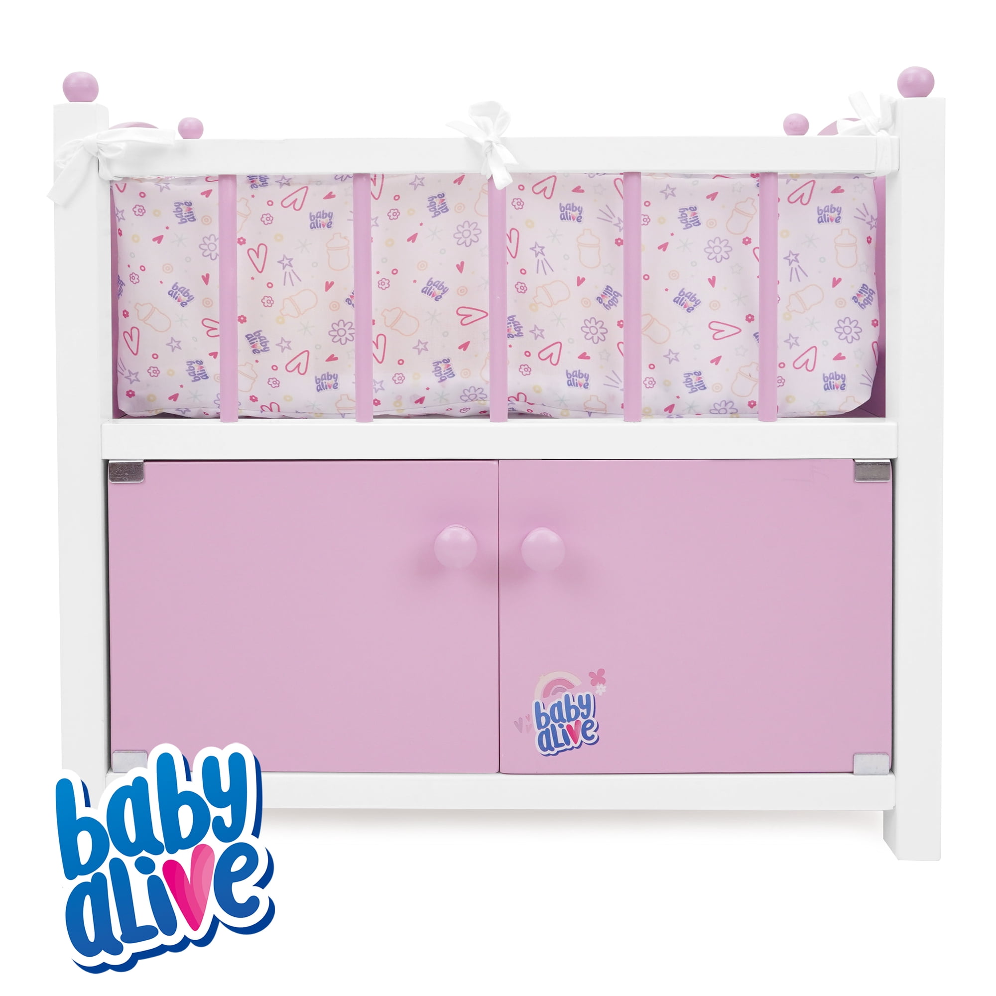 509 Crew: Baby Alive - 2-In-1 Wooden Doll Crib - Pink-White-Purple, Built-In Storage Cabinet, Pillow-Blanket, Doll-Plush Sleep Accessory Toy, Kids 3+