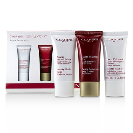 Clarins Super Restorative 50+ Anti-Ageing Skincare Set: Gentle Refiner 30ml+Super Restorative Day Cream 30ml+Beauty Flash Balm 30ml 