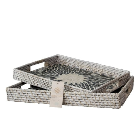 

Mqlnutr Set 2 Pack Rectangular Rattan Wicker Tray with Mother of Pearl Inlay Wooden Base With Handle for Home Decor and Display