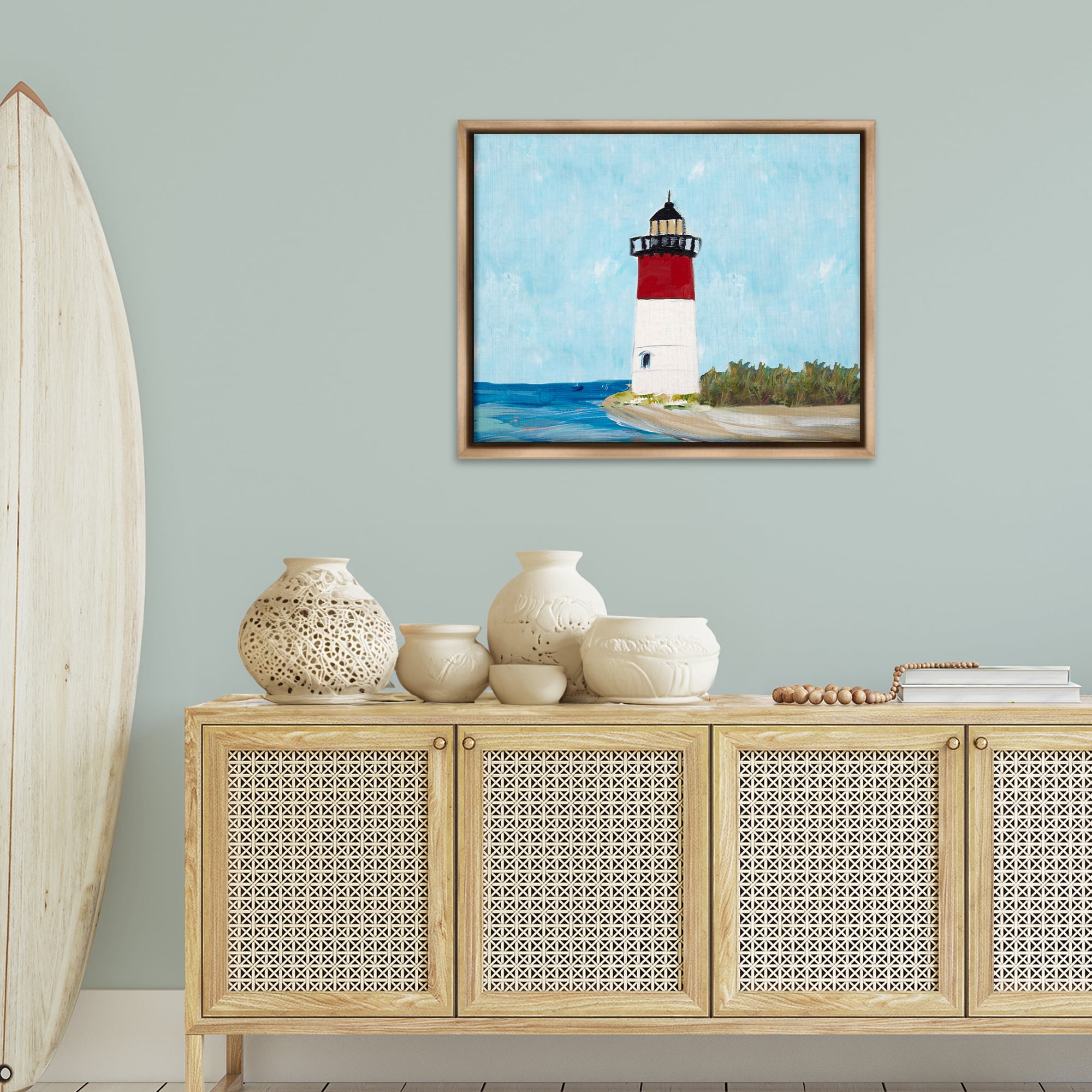 Stupell Industries Coastal Lighthouse on Blue Coastal Painting Brown Floater Framed Canvas Art Print Wall Art, 31 x 25