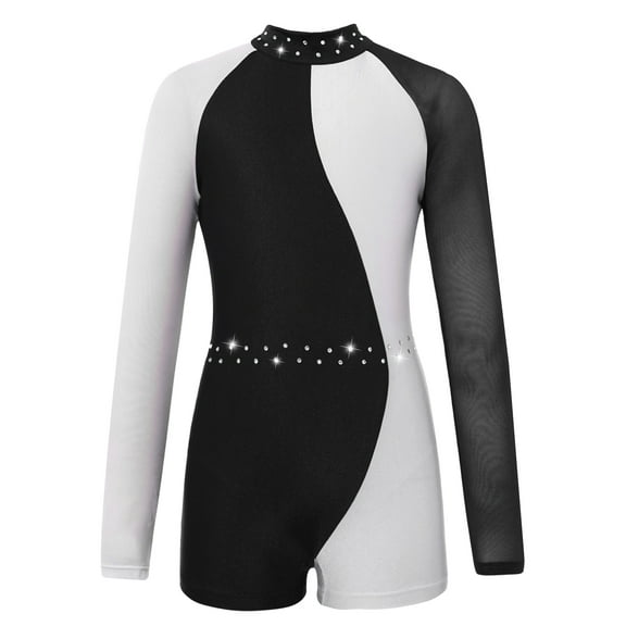 Hansber Kids Girls Athletic Jumpsuit Zipper Closure Back Dance Unitard Contrast Color Gymnastics Black&White 6