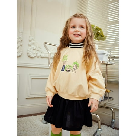

Beige Toddler Girls Cartoon Graphic Contrast Striped Mock Neck Pullover Casual 4Y S040E