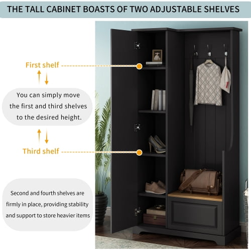 Hall Tree with Flip-Up Bench and Shoe Cabinet, Adjustable Shelves, Hooks, Entryway Mudroom Furniture, Black