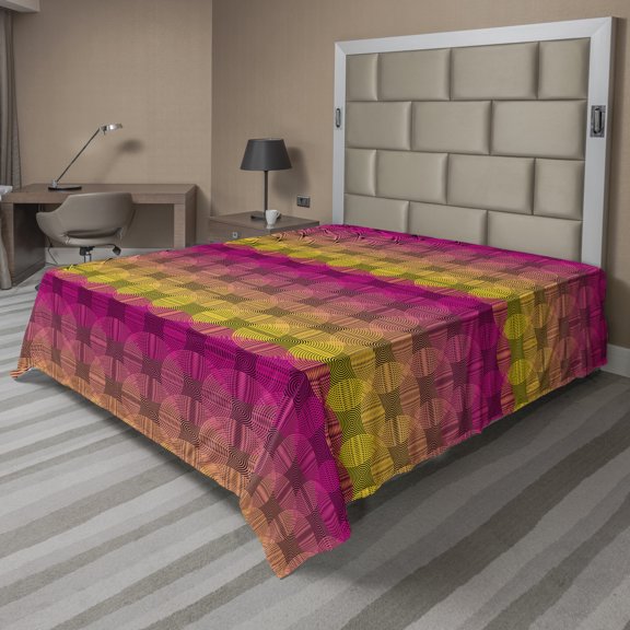 Abstract Flat Sheet, Continuous Intertwined Circles Elements Motif Illustration Print, Soft Comfortable Top Sheet Decorative Bedding 1 Piece, 6 Sizes, Dark Magenta and Dark Yellow, by Ambesonne