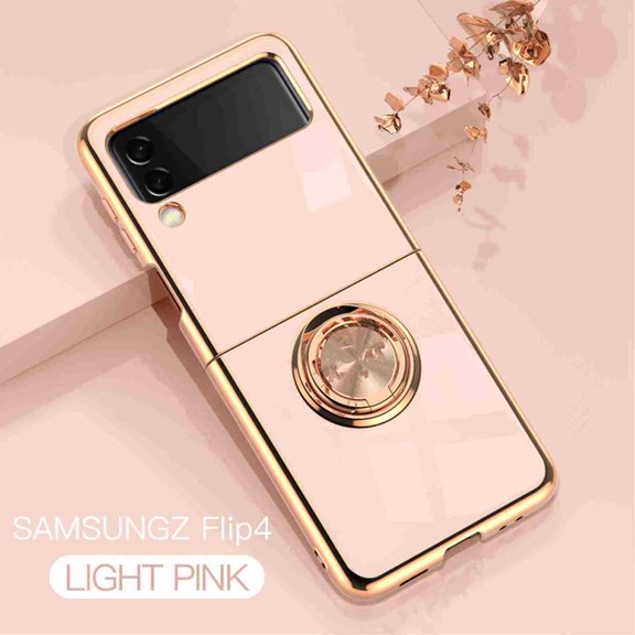 Feishell Case for Samsung Galaxy Z Flip 4 5G, Slim Protective 360 Degree Rotation Ring Holder Kickstand Plating Soft Silicone TPU Edge Anti-Scratch Cover Work with Magnetic Car Mount, Pink