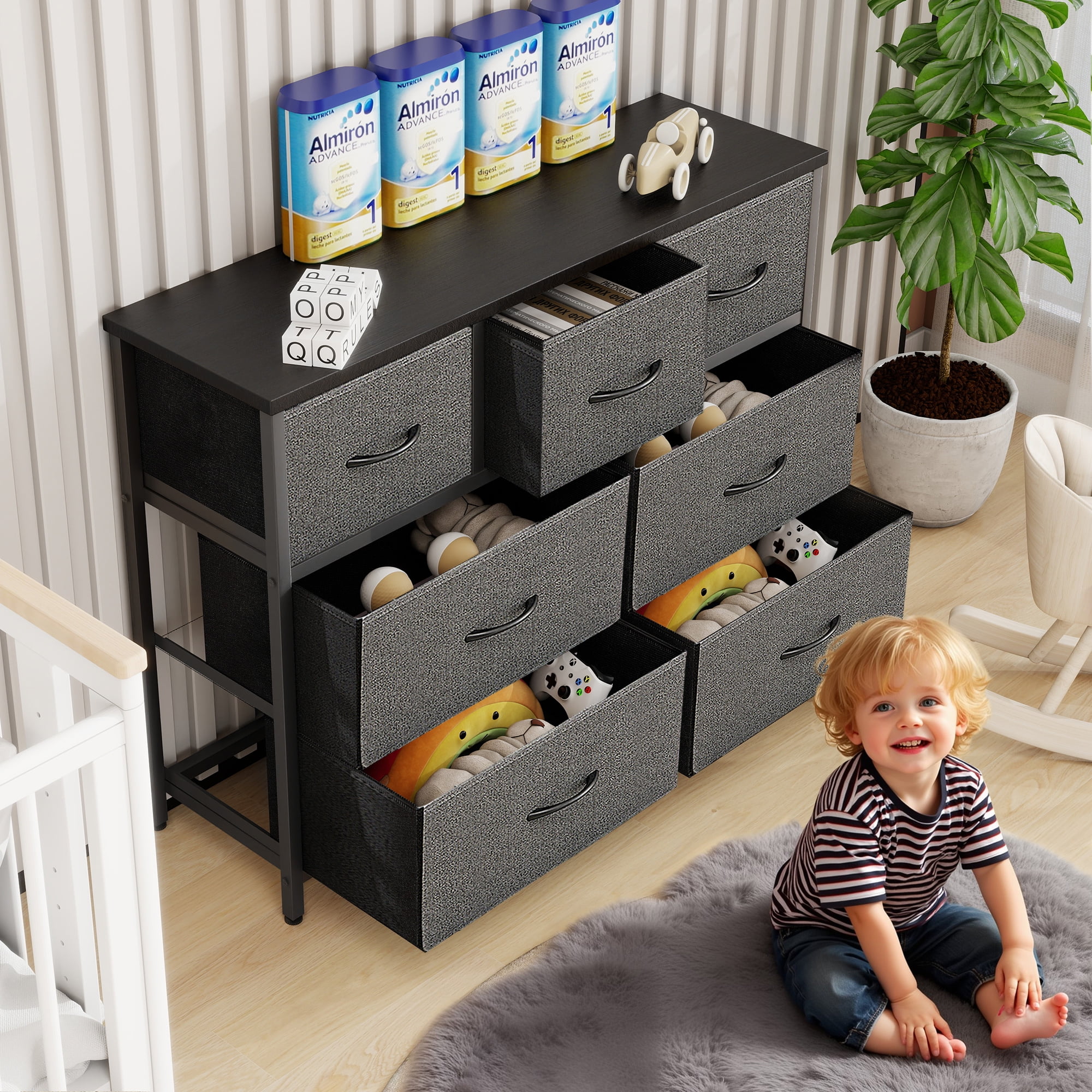 Nextay 7-Drawer Fabric Dresser TV Stand for 45" TV, Storage Dresser Closet with Steel Frame & Wooden Top for Living Room, Dressing Room, Entryway, Grey