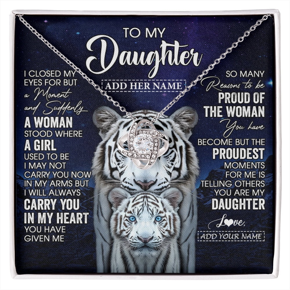 Daughter White Tiger Love Necklace, White Love Knot Necklace