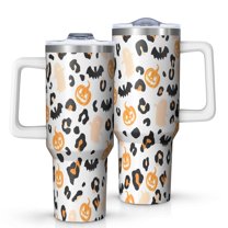 Halloween Leopard Print Ghosts Bats and Pumpkins Tumbler with Handle and Lid,40oz Double Wall Vacuum Insulated Tumbler,Cups Gift for Women and Men