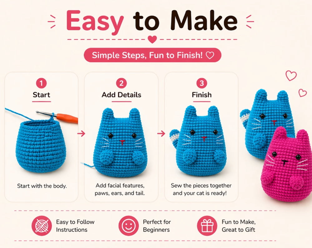 2 Pack Munchkin Cat Crochet Kit for Beginners, Cat Amigurumi Starter Set with Step by Step Video Tutorial, TIKA