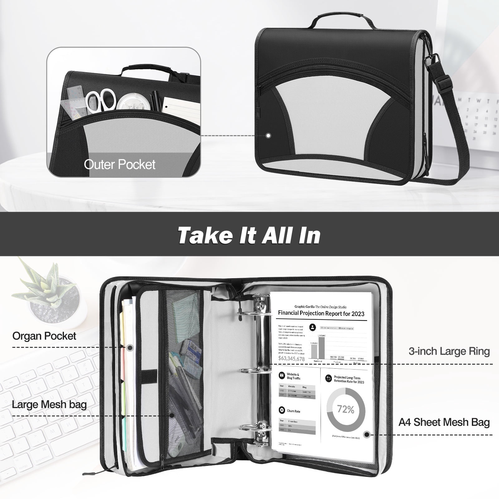 MoKo Zipper Binder, 3 in 3 Ring 600 Sheet Capacity Binder Organizer, Black