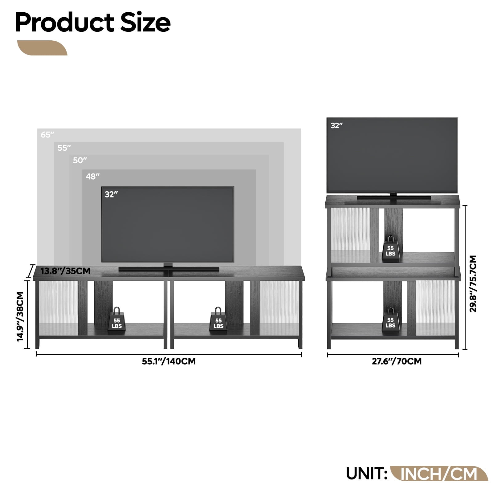 Pinmoco LED TV Stand for TVs up to 65'', Expandable Side by Side or Stacking TV Stand with Storage, Black