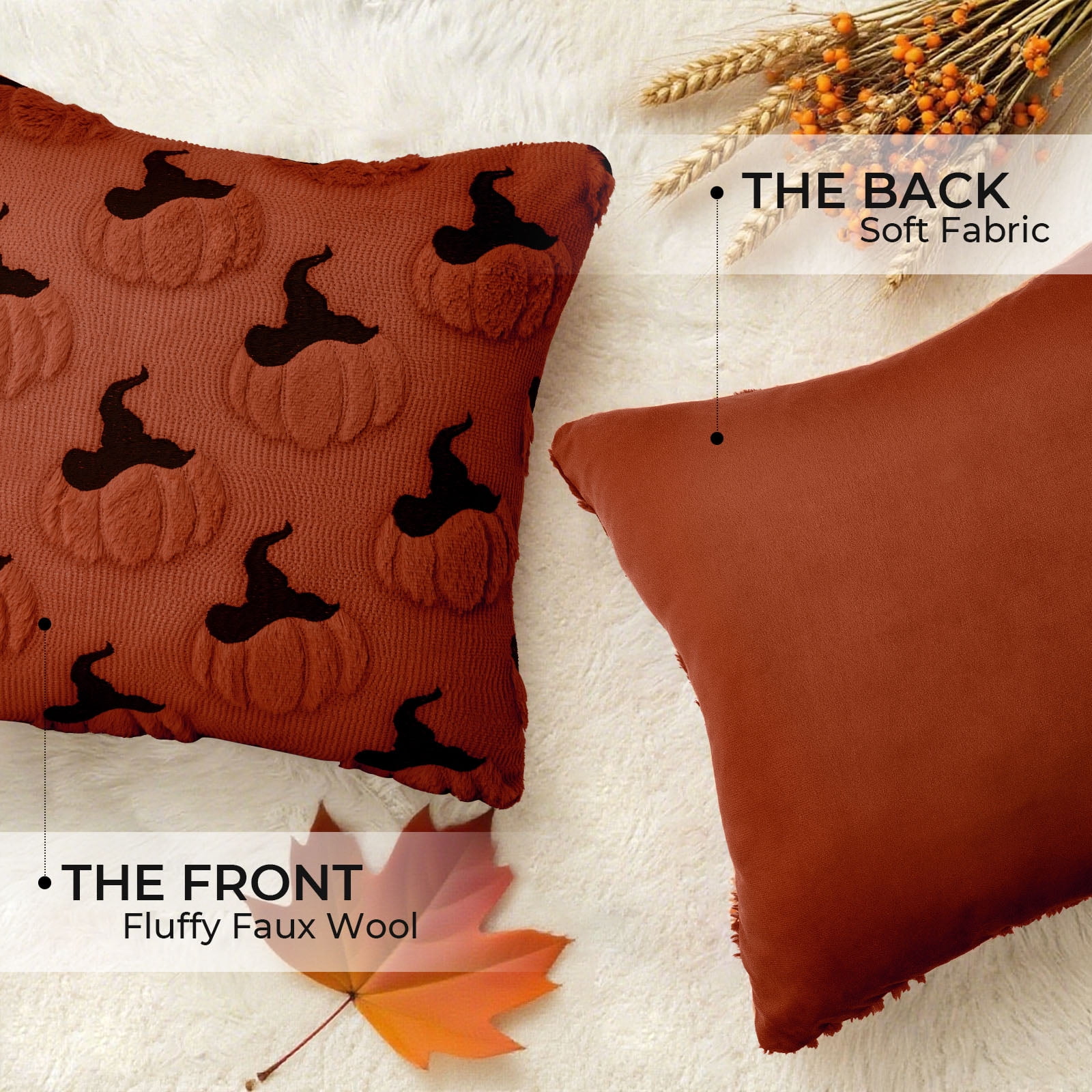 Sanmadrola Fall Pillow Covers 18x18 Throw Pillow Cases Set of 2 Halloween Thanksgiving Autumn Decorations Pumpkin Soft Plush Faux Fur Wool Couch Cushion Case for Sofa Bedroom Living Room Home Decor