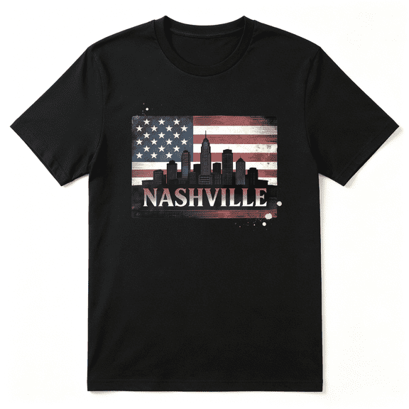 Nashville City Skyline US Flag Retro Graphic Tee for Men and Women, Road Trip Holiday Gift Cotton Short Sleeves T-Shirt