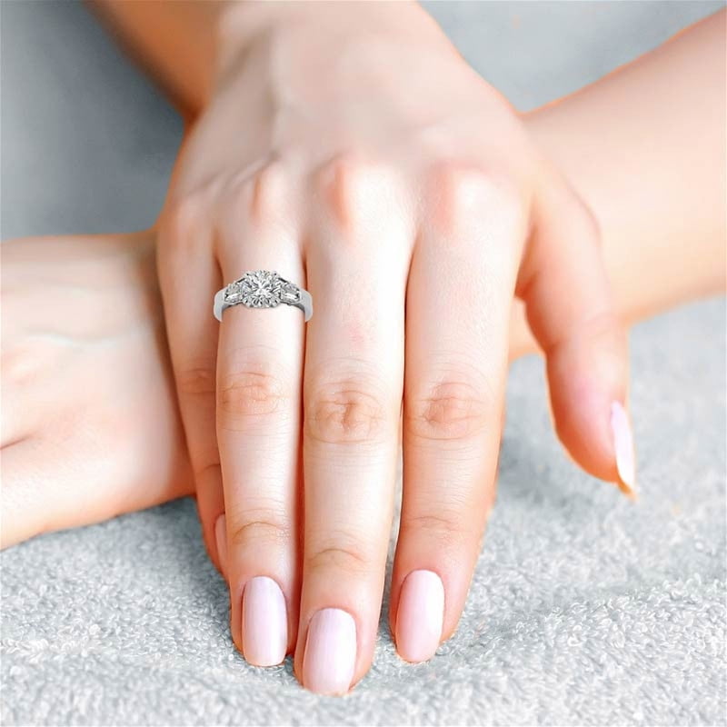 Auory Classic 3 Carat Round Cut Moissanite - Three Stone - Victorian Engagement Ring in 18K White Gold Plating over Sterling Silver Ring for Women