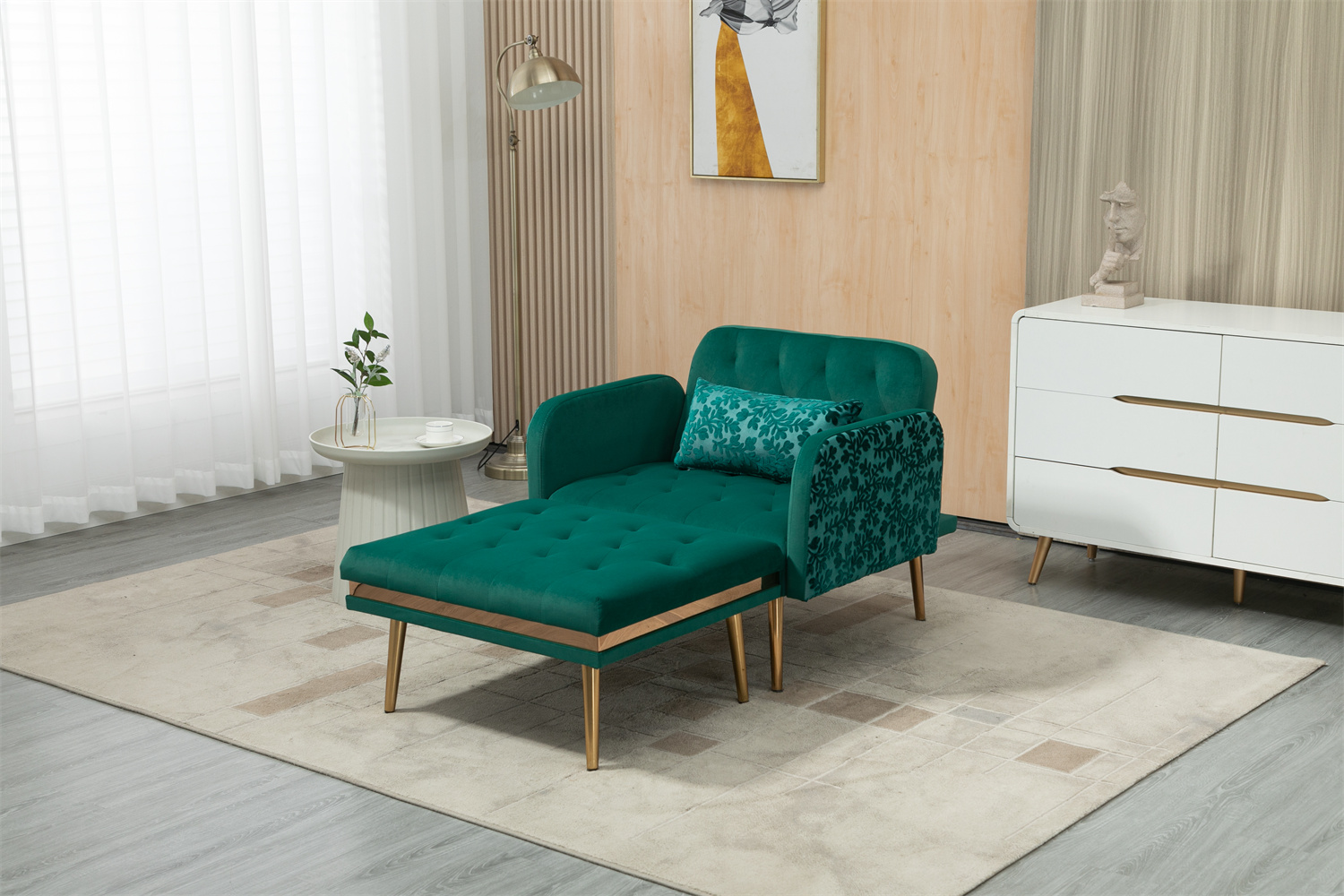 2 in 1 Chaise Lounge with Ottoman, Velvet Upholstered Recliner Chair ...