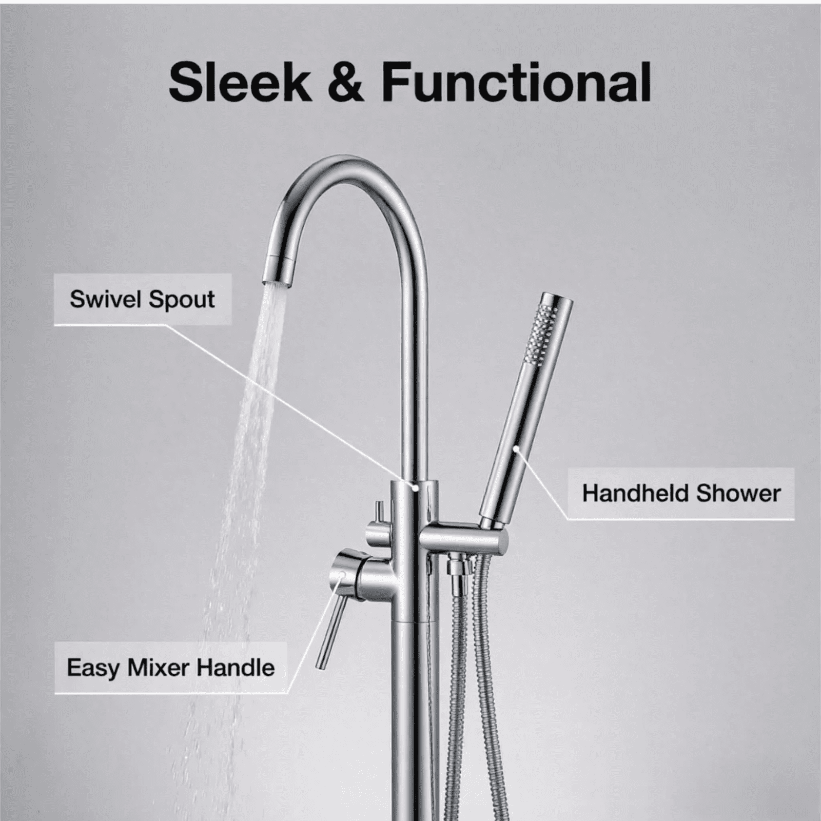 Sliver Floor Mount Bathtub Faucet, Freestanding Tub Filler with Handheld Shower, High Flow Bathroom Shower Mixer Tap with Single Handle