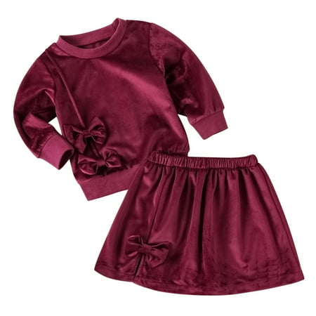 

Baby Casual Girl Simple Set Kid Summer Clothes Toddler Kids Baby Girls Fleece Bow Long Sleeve Sweatshirt Tops Skirts 2Pcs Outfits Clothes Set