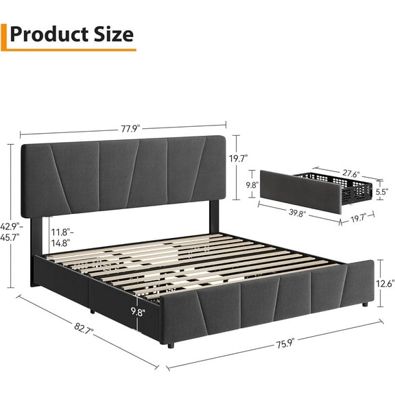 King Size Bed Frame with Adjustable Headboard and 4 Storage Drawers, Velvet Upholstered Tufted KingPlatform Bed Frames with Wooden Slats Support,KingBedframe No Box Spring Needed, Dark Grey