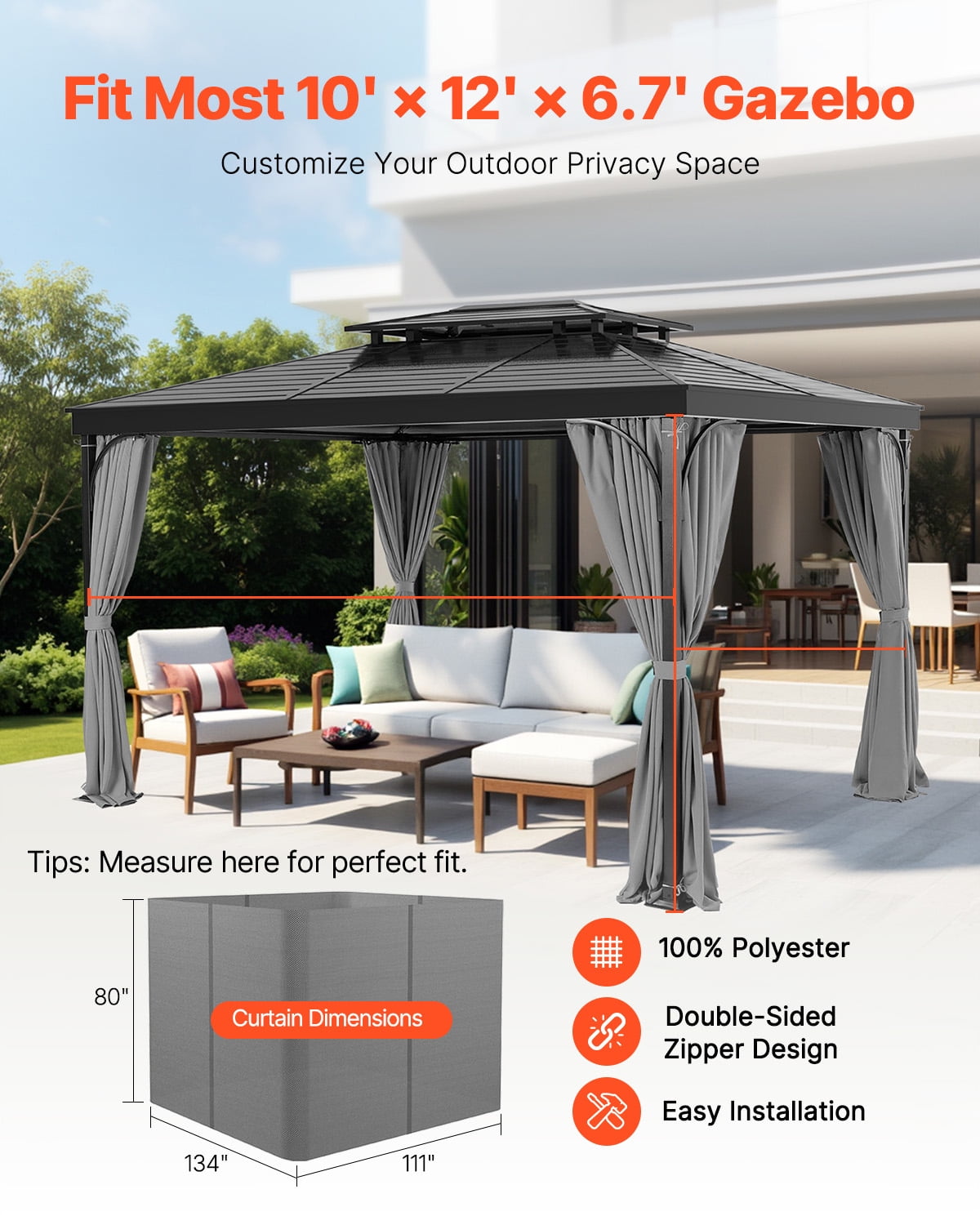 VEVOR Gazebo Curtains Outdoor, 12' x 10' x 6.7' Gazebos, 4-Panel Sidewall Gazebo Privacy Curtains with Zippers, Outdoor Curtain Replacement for Patio Canopy, Only Curtain, Gray