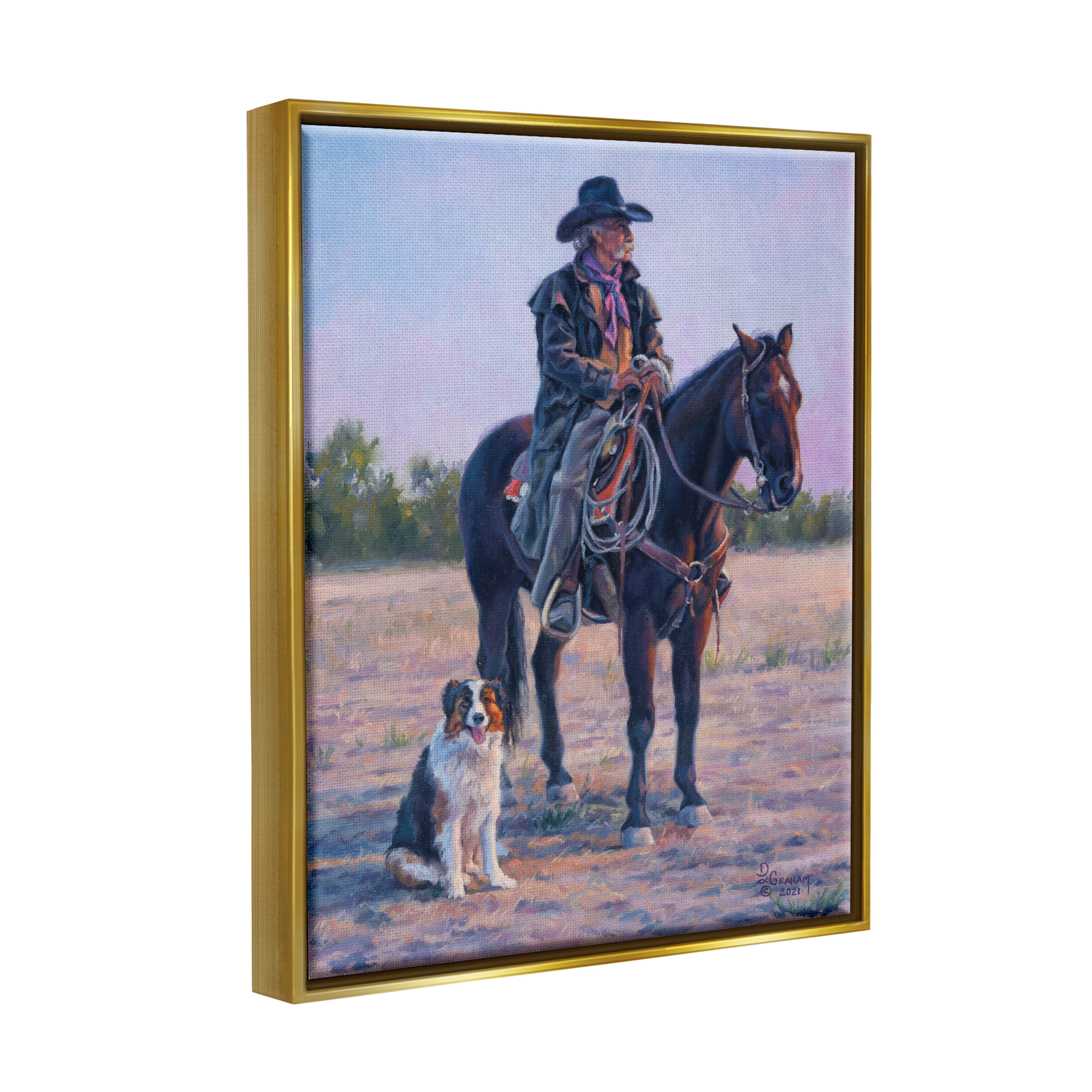 Stupell Industries Cowboy in Rural Landscape Animals & Insects Painting Gold Floater Framed Art Print Wall Art, 25 x 31