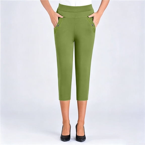 IUYRTFE Women Solid Color Elastic Waist Straight Leg Capri Pants with Pockets Casual Summer Trousers