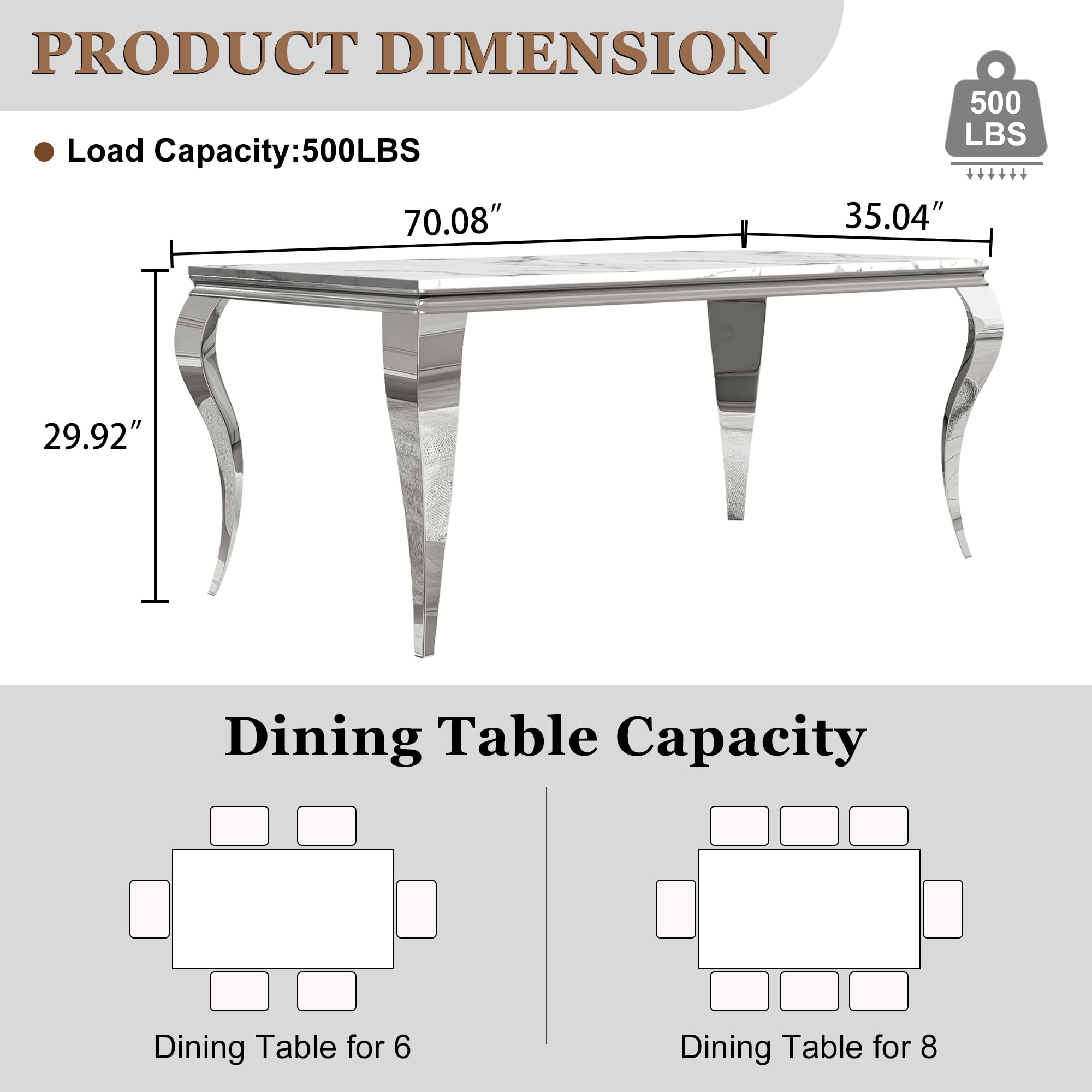 Modern Marble Dining Table, 70" Faux Marble Top and Polished Stainless Steel S-Shaped Legs, for Apartment, Living Room, Kitchen
