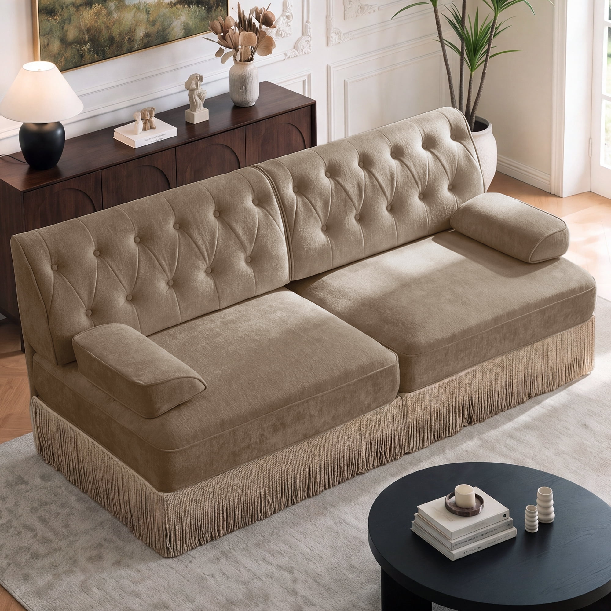 76" Velvet Chesterfield Loveseat Sofa, Button Tufted Design, Tassel Fringe Skirt, Easy to Assemble