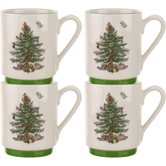 Spode Christmas Tree Stackable Mugs, Set of 4 - Festive 12oz Holiday Coffee Cups for Tea, Hot Cocoa - Fine Earthenware, Space-Saving Design, Dishwasher & Microwave Safe - Holiday Drinkware