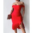 thumbnail image 3 of CHICME Womens Dresses Pearls Strap Off Shoulder Ruffle Hem Bodycon Midi Party Dress Red-S, 3 of 8
