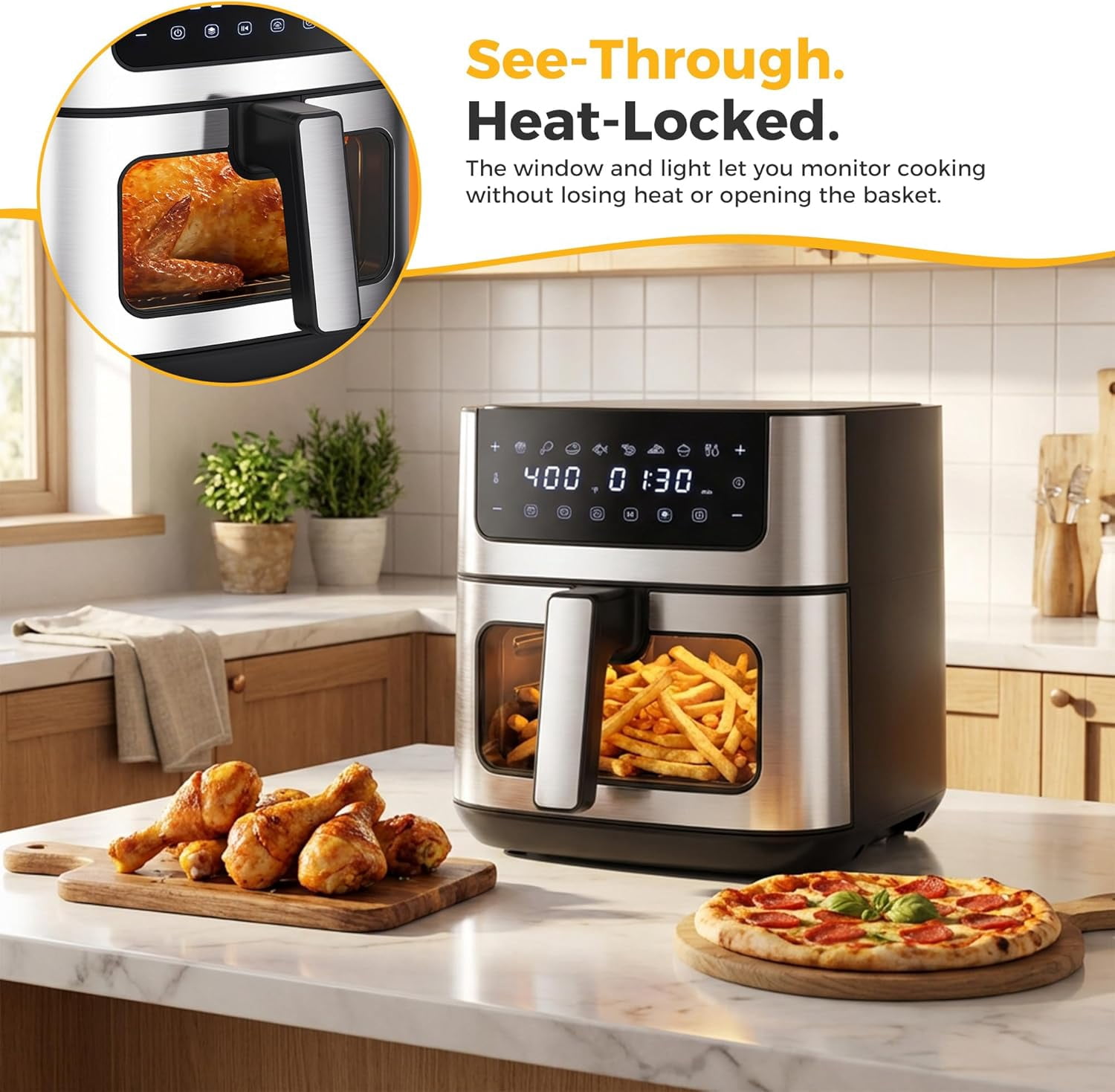 Air Fryer 6.34QT, Airfryer with Visible Window, 400 ℉ Fast Heating Air Fryers Oven with Nonstick and Dishwasher-Safe Basket, 8-in-1 Cooking Preset, Timer，Auto-Off, Stainless Steel, White