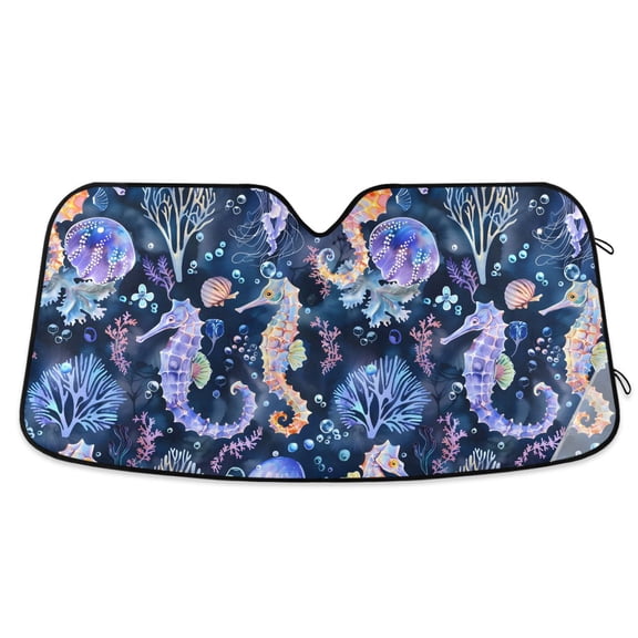 Seahorse Jellyfish Coral Car Windshield Sun Shade Foldable Car Front Window Visor Heat and UV Protection 53x23.5