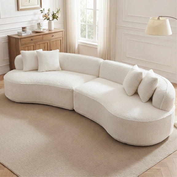 Arouseden 114" White Curved Sectional Couch,Oversized Sectional Couches with Large Backrest and 4 Throw Pillows,Minimalist Design Sherpa Fabric Couch,Modern Sofas for Living Room