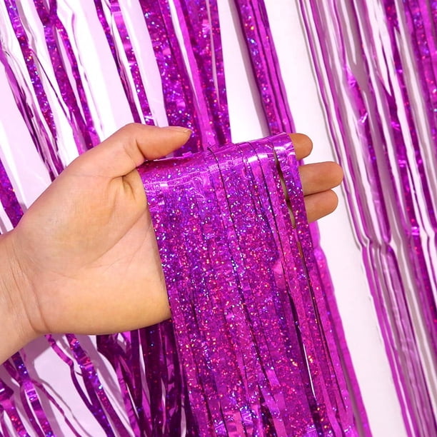 1 cortina de seda con forma de lluvia láser de 2 metros, fondo para fiesta de cumpleaños, decoración, accesorios, borlas, cortina de puerta, fondo de pared